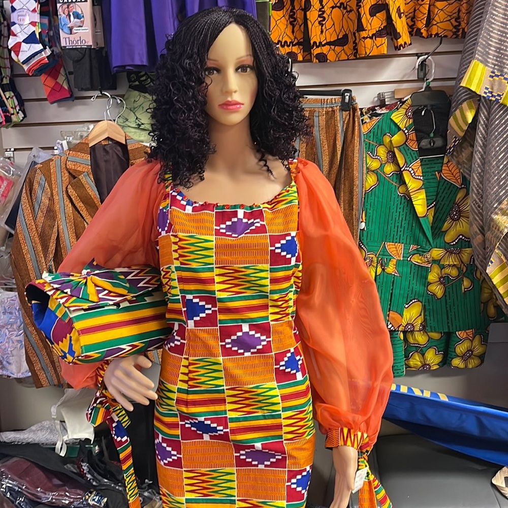 African Kente fabric dress, design with Satin puff sleeves.